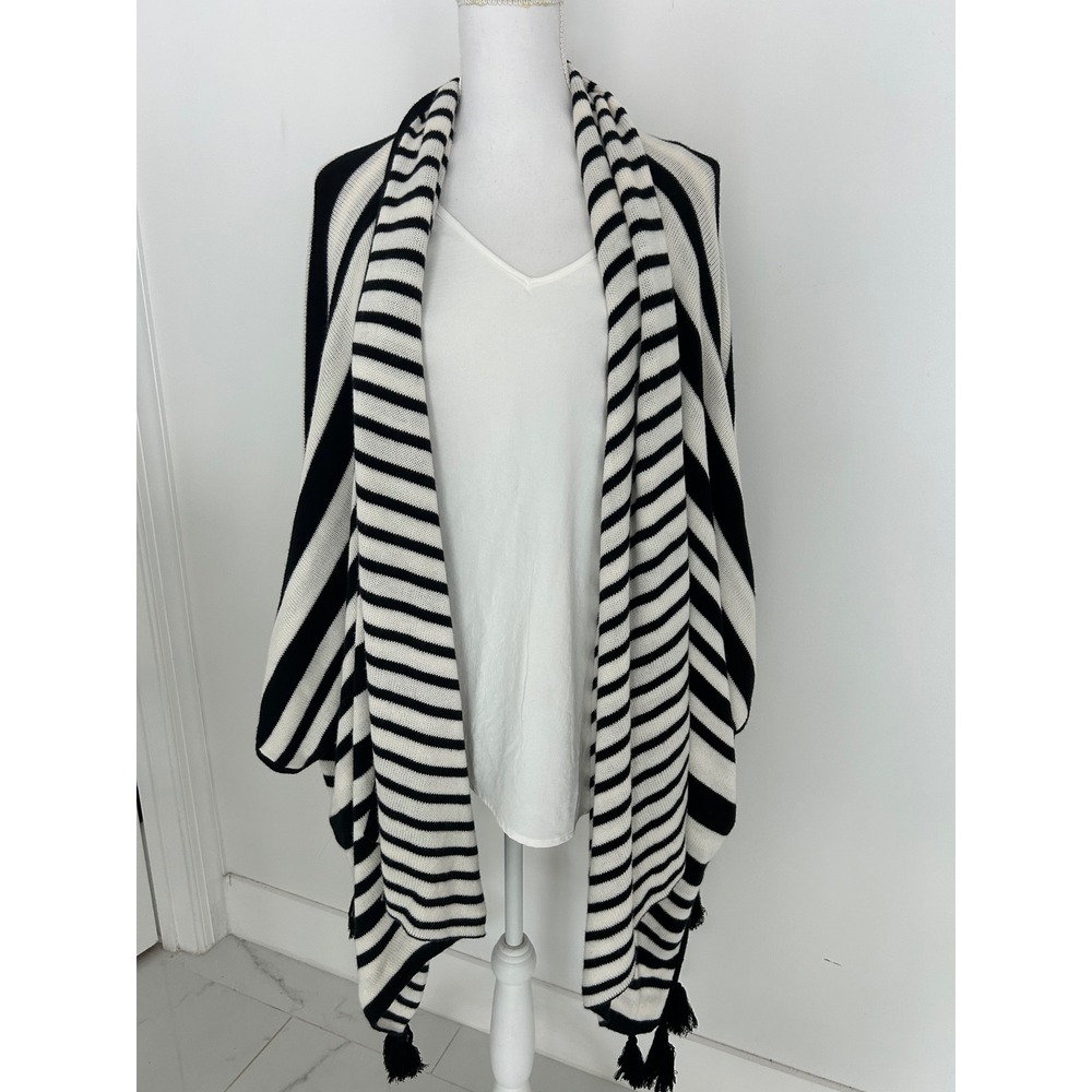 Chicos Striped Open Front Poncho Wrap Black White Tassel Trim One Size OS